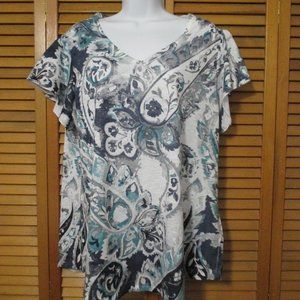 Davina top blues & black V neck lightweight, stretchy, like new size XL